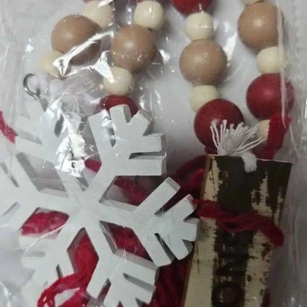 Holiday wood bead garland 4 packs 2 Snowflake, 1 peppermint and 1 Coca mug great